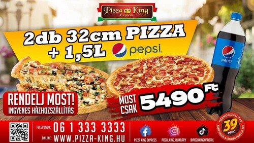 Pizza King 14 Éjszaka - 2 darab normál 32cm pizza, 1,5l pepsivel - Szuper ajánlat - Online order